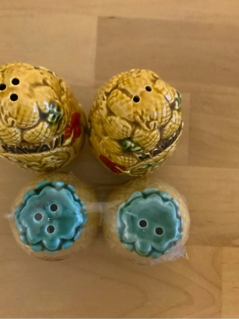 2 sets of Hawaii Pineapple Salt & Pepper Shakers - Yellow with Teal Tops